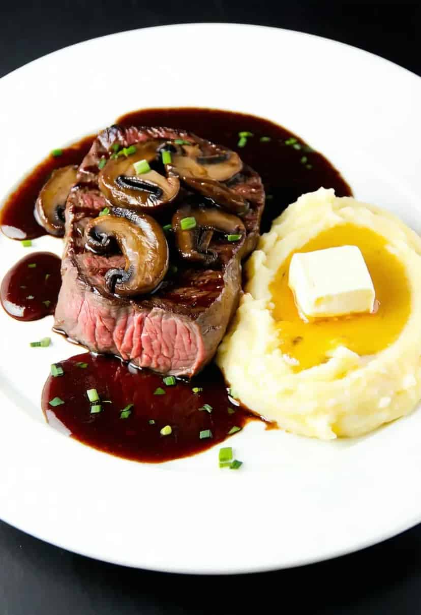Bife ao Molho Madeira com Purê