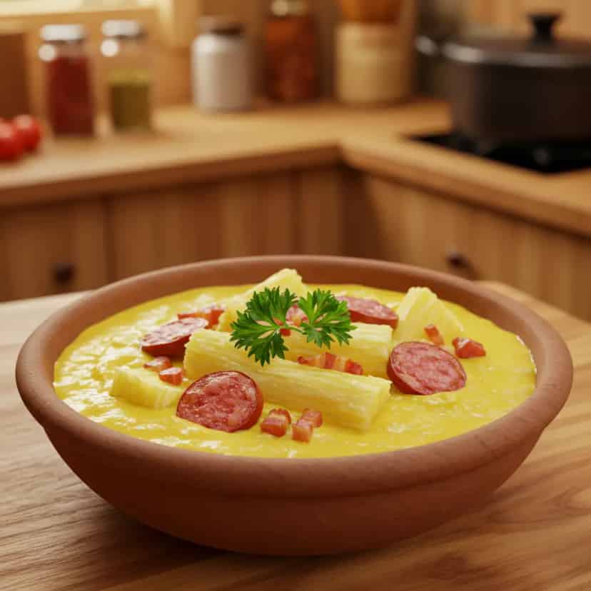 Caldo de aipim de calabresa e bacon