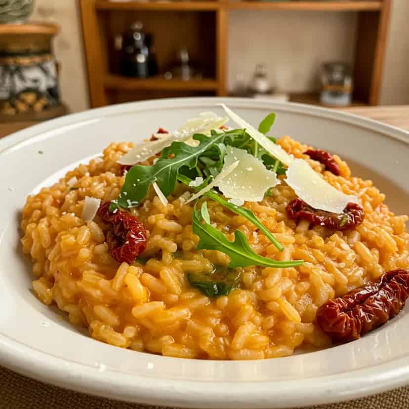 Risoto de tomate seco e rúcula