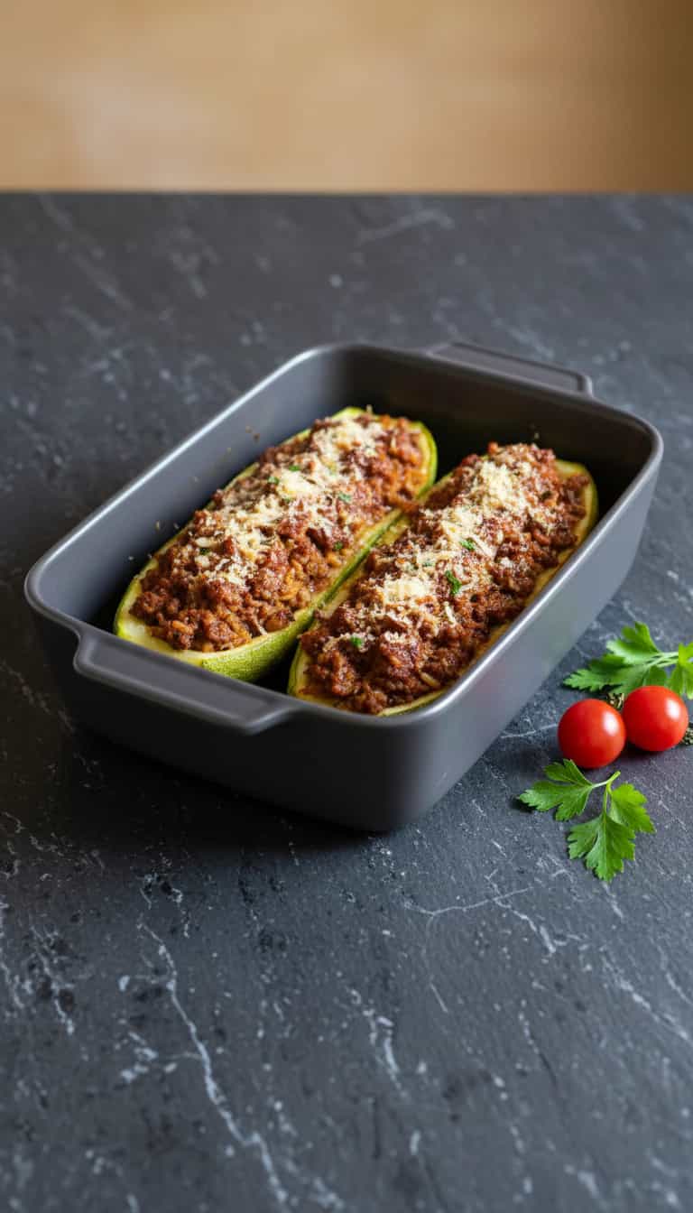 Foto deliciosa de Abobrinha Gratinada com Carne Moída pronta para servir - Carnes & Frango