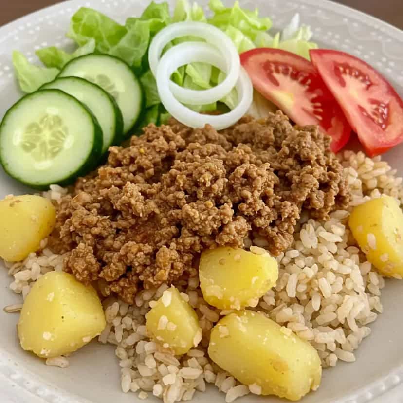 Foto deliciosa de Arroz com Carne Moída e Batata pronta para servir - Pratos Brasileiros Icônicos