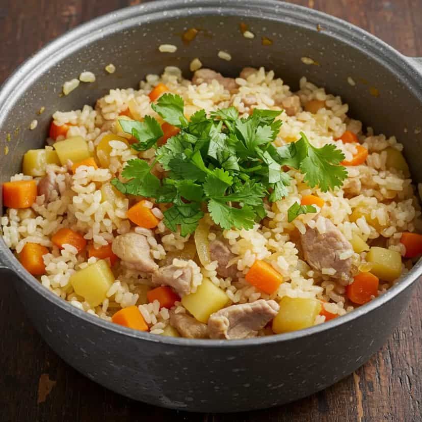 Foto deliciosa de Arroz com Carré de Porco e Legumes pronta para servir - Carnes & Frango