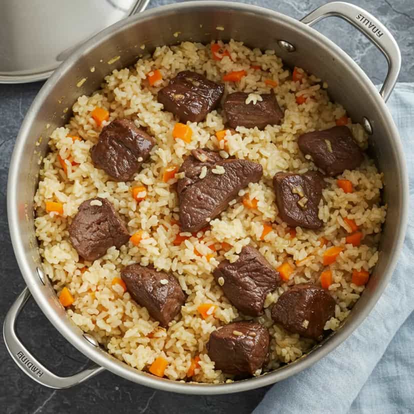 Foto deliciosa de Arroz com Charque Delicioso pronta para servir - Pratos Brasileiros Icônicos