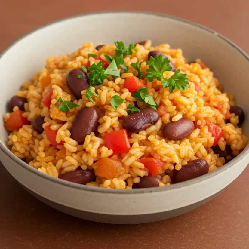 Foto deliciosa de Arroz com Feijão Preto e Pimentão pronta para servir - Pratos Brasileiros Icônicos