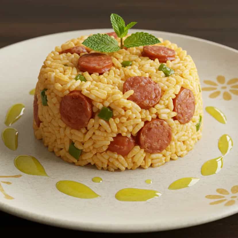 Foto deliciosa de Arroz com Linguiça Caipira pronta para servir - Pratos Brasileiros Icônicos