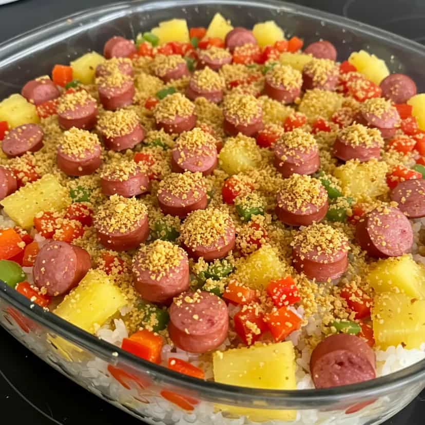 Foto deliciosa de Arroz cremoso tropical com calabresa pronta para servir - Pratos Brasileiros Icônicos