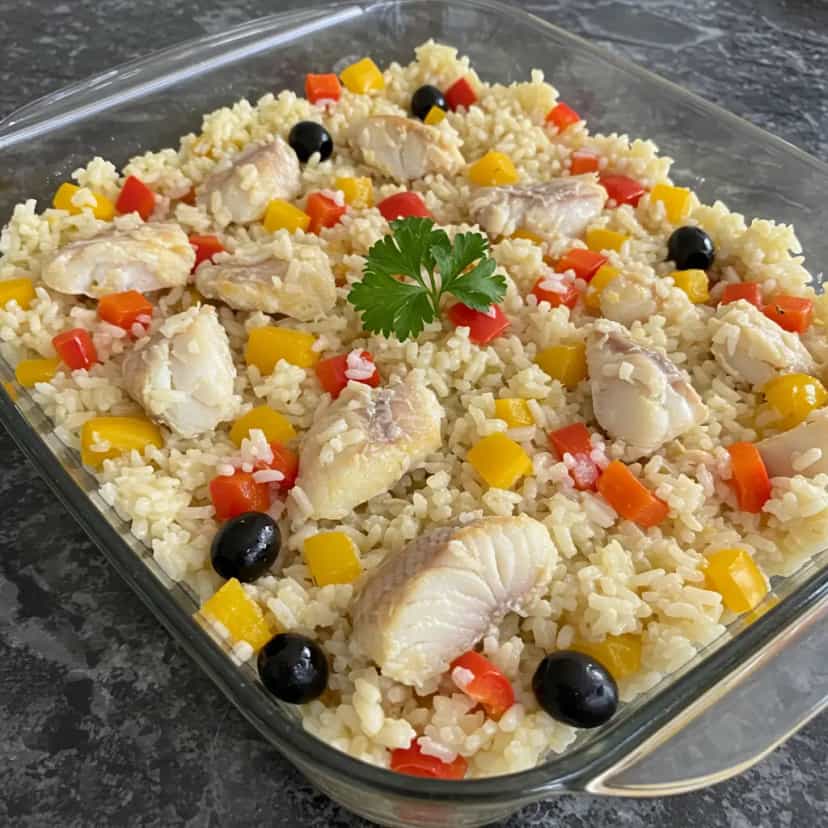 Foto deliciosa de Arroz de Bacalhau com Pimentões pronta para servir - Peixes & Frutos do Mar