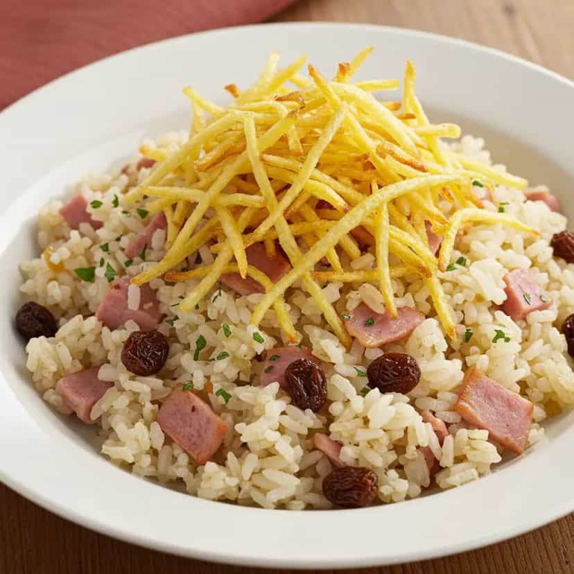 Foto deliciosa de Arroz Festivo de Bacon e Calabresa pronta para servir - Pratos Brasileiros Icônicos