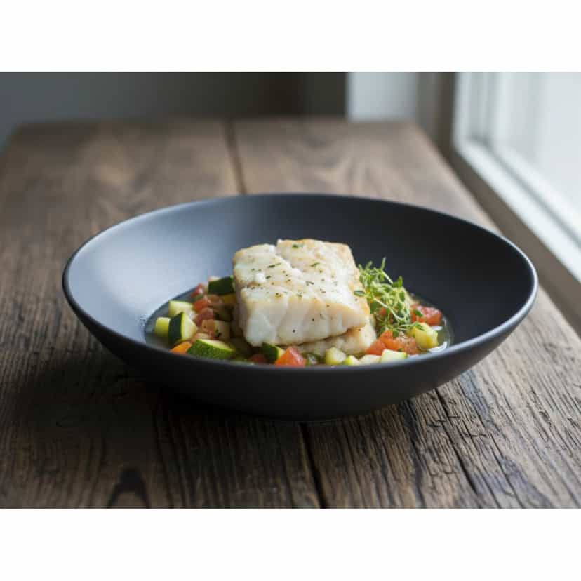 Foto deliciosa de Bacalhau ao Molho Mediterrâneo pronta para servir - Peixes & Frutos do Mar