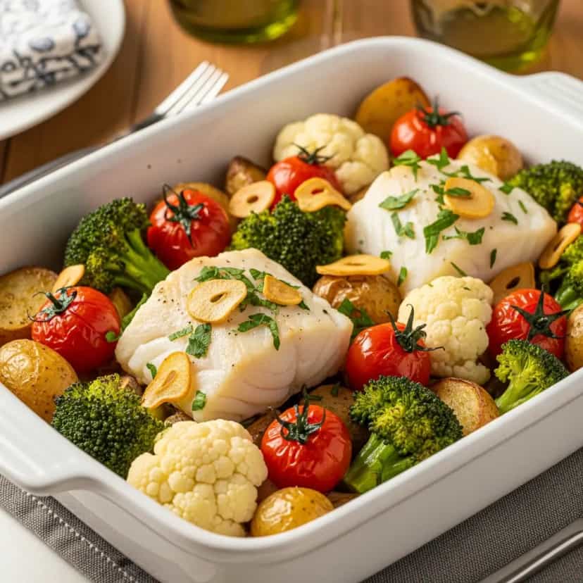 Foto deliciosa de Bacalhau Assado com Legumes ao Forno pronta para servir - Peixes & Frutos do Mar