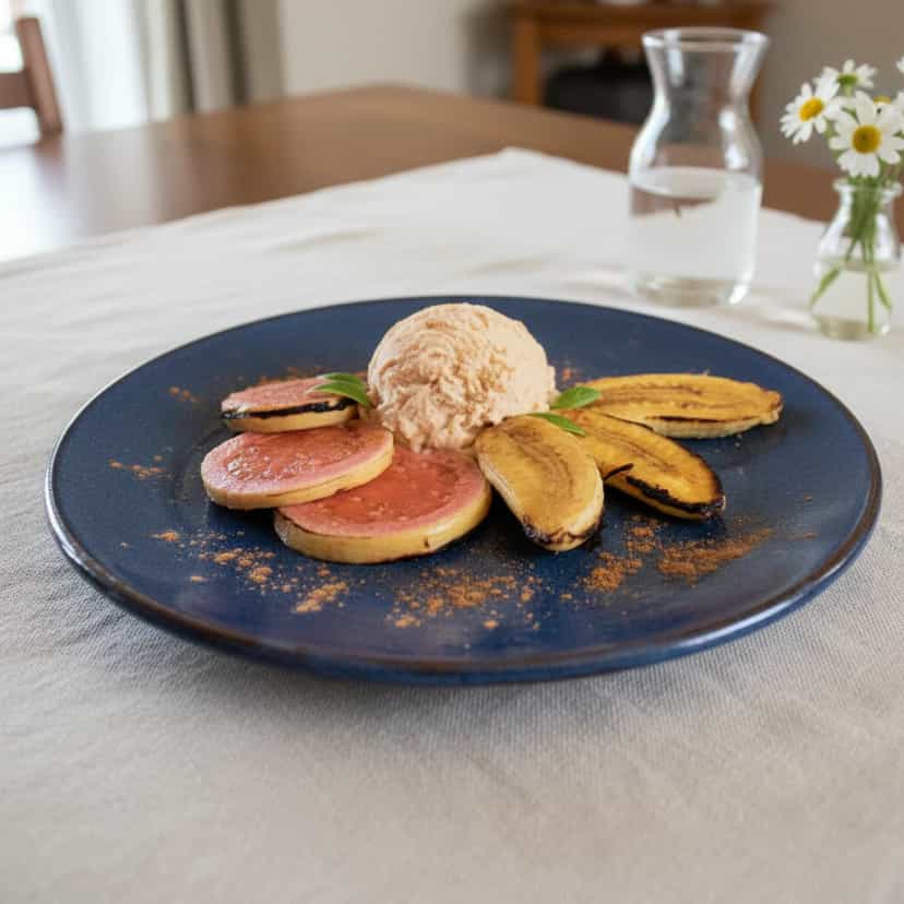 Foto deliciosa de Banana Flambada com Goiaba e Sorvete pronta para servir - Outras Receitas