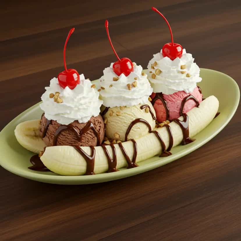 Foto deliciosa de Banana Split Clássico pronta para servir - Doces Gelados & Sorvetes