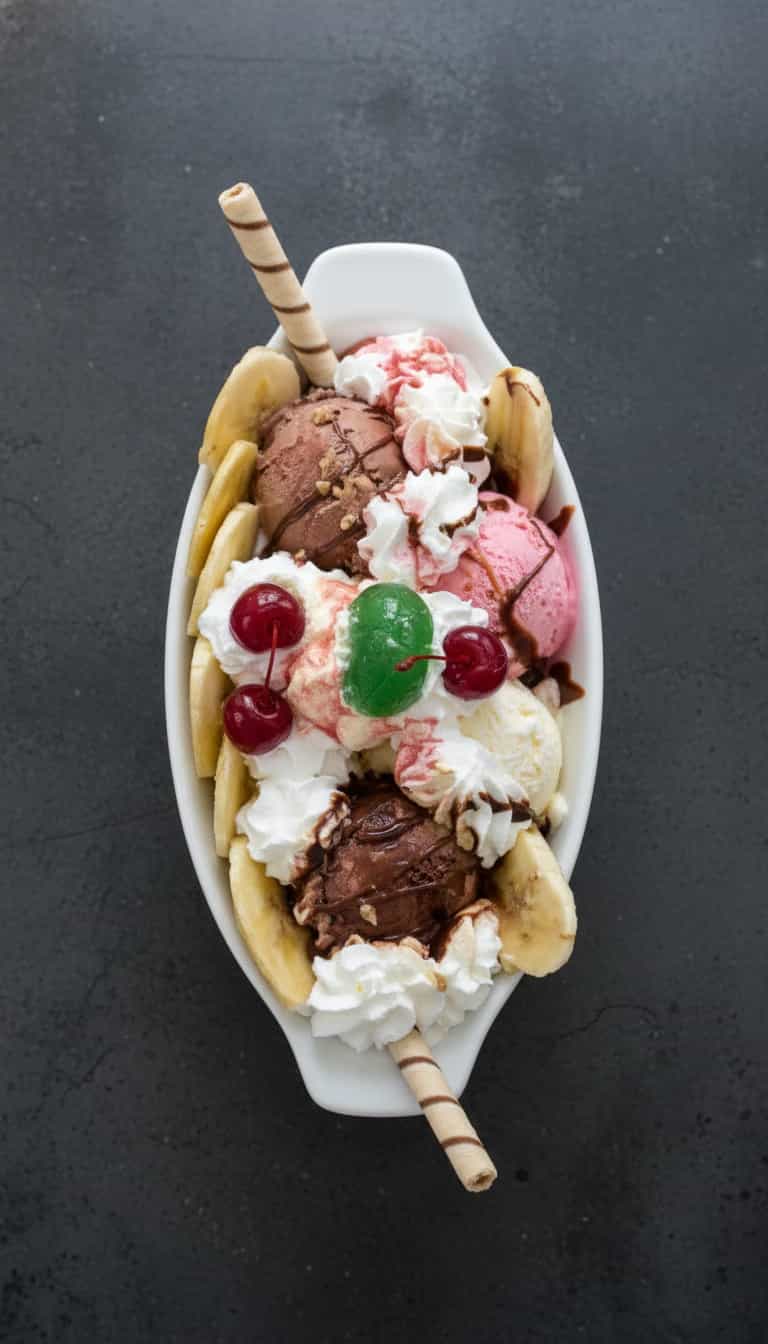 Foto deliciosa de Banana Split Clássico pronta para servir - Doces Gelados & Sorvetes