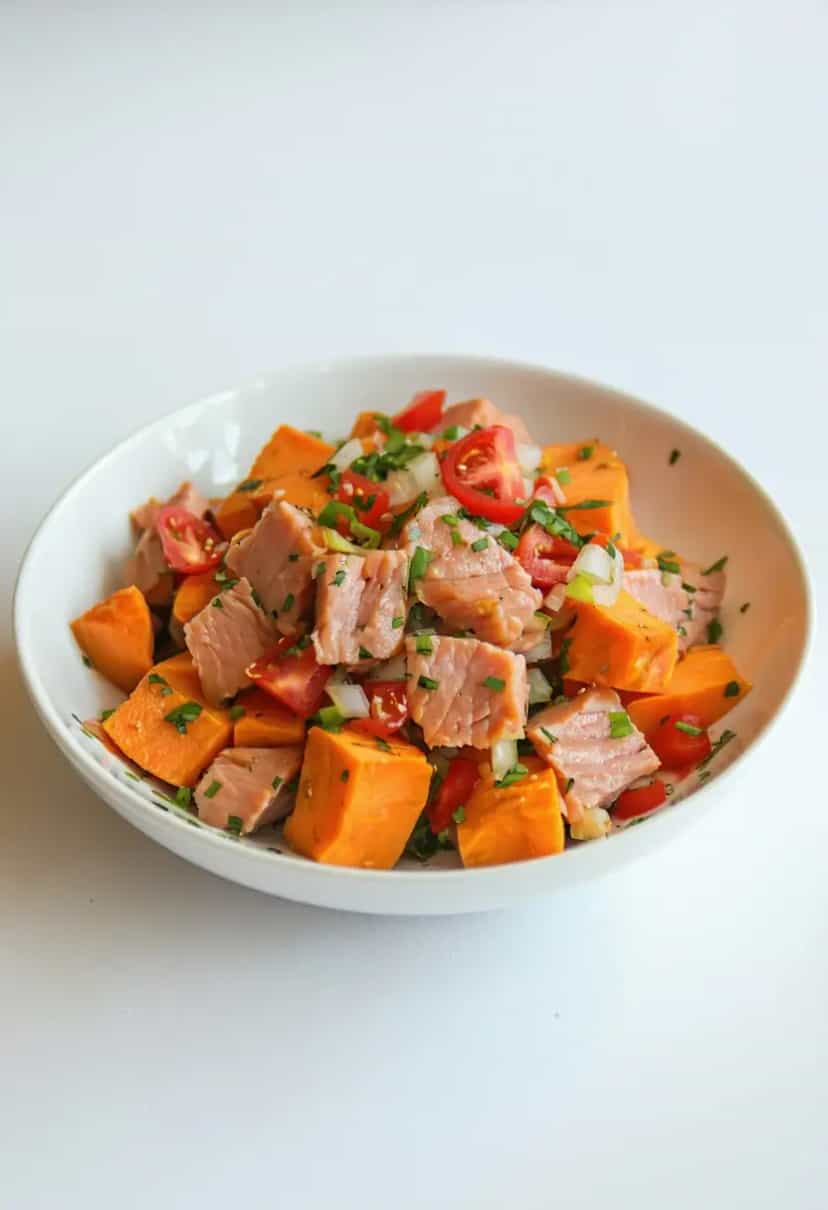 Foto deliciosa de Batata Doce Cozida com Atum pronta para servir - Peixes & Frutos do Mar