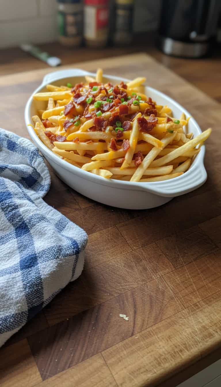 Foto deliciosa de Batata Frita com Cheddar e Bacon pronta para servir - Salgadinhos