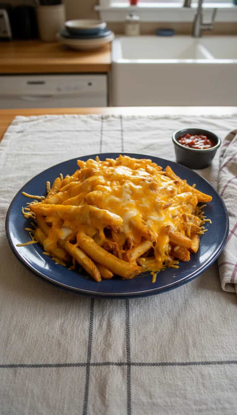 Foto deliciosa de Batata Frita com Queijo e Bacon pronta para servir - Salgadinhos