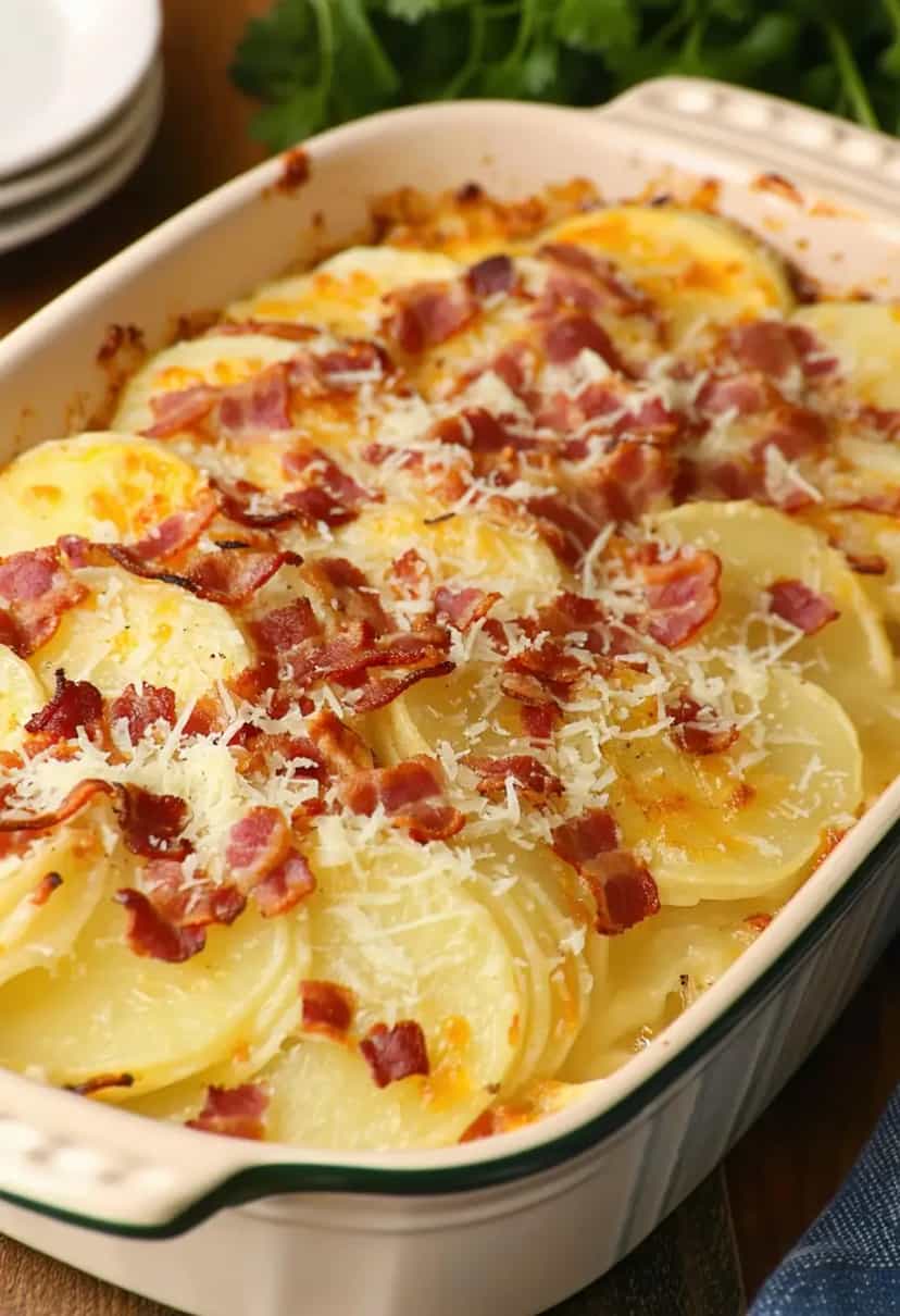Foto deliciosa de Batata Gratinada com Bacon pronta para servir - Almoço & Jantar