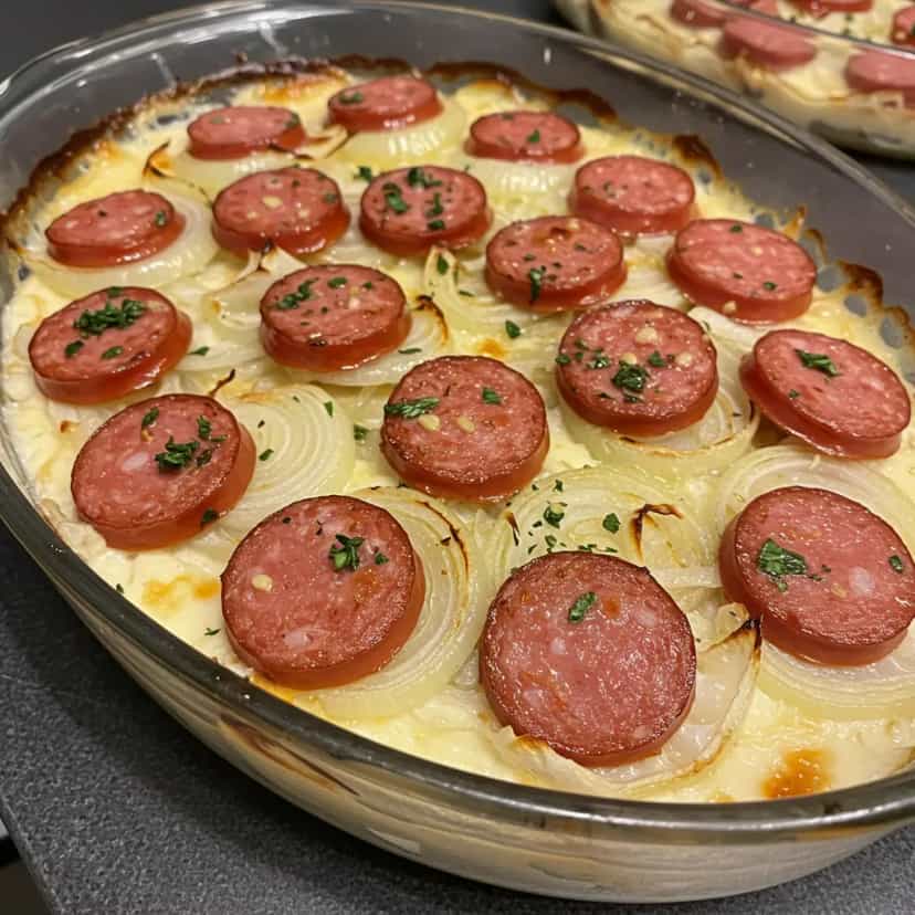 Foto deliciosa de Batata Gratinada com Calabresa pronta para servir - Pratos Brasileiros Icônicos