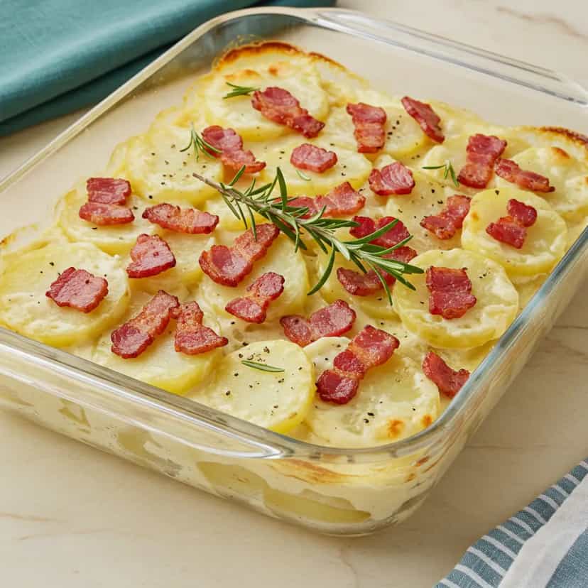 Foto deliciosa de Batata Gratinada Cremosa com Bacon pronta para servir - Almoço & Jantar