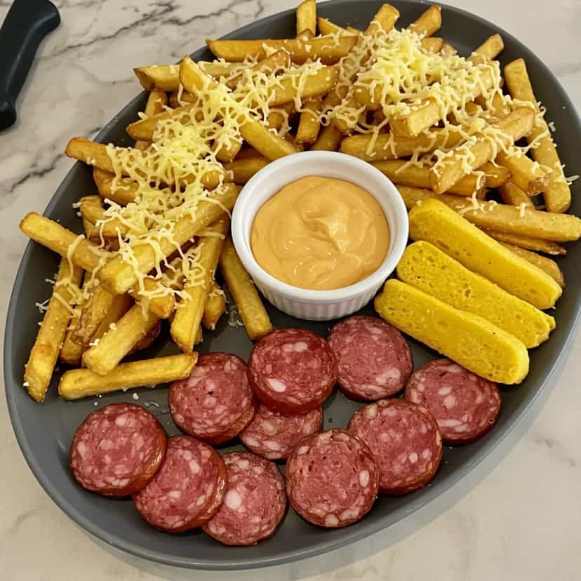 Foto deliciosa de Batata Palito com Calabresa Crocante pronta para servir - Salgadinhos