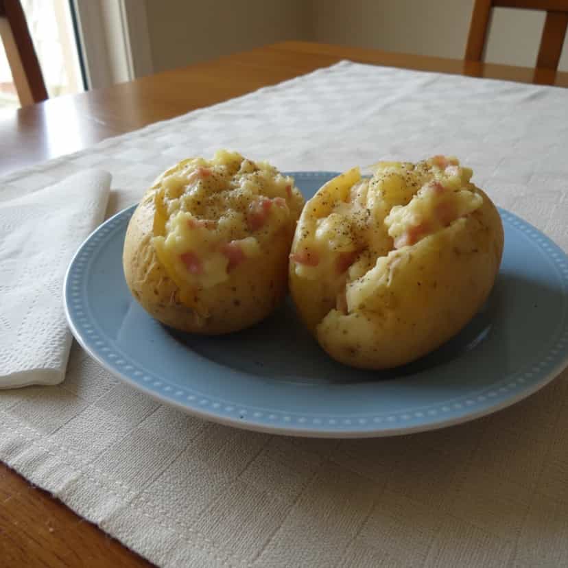 Foto deliciosa de Batata Recheada com Bacon e Requeijão pronta para servir - Almoço & Jantar