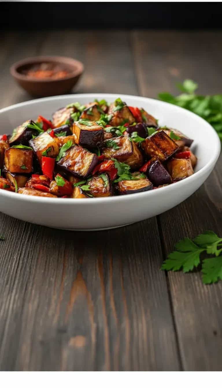 Foto deliciosa de Berinjela Refogada Simples pronta para servir - Snacks Naturais