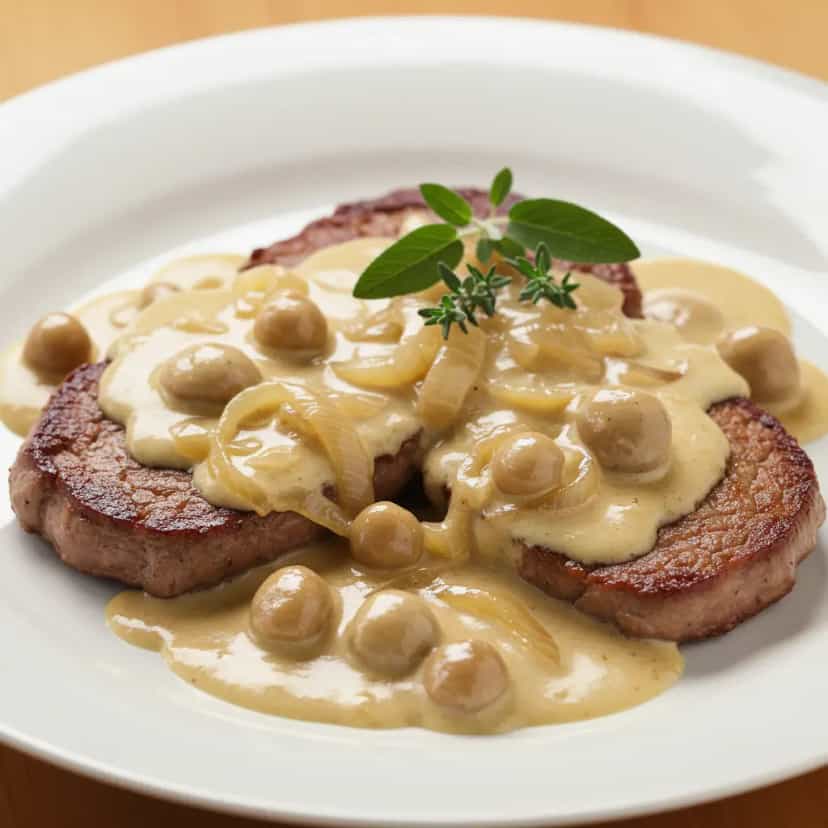 Foto deliciosa de Bife Acebolado com Molho Cremoso pronta para servir - Outras Receitas