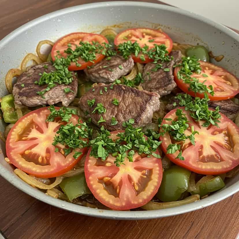 Foto deliciosa de Bife Acebolado em Camadas pronta para servir - Carnes & Frango