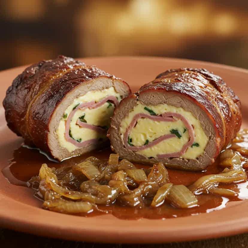 Foto deliciosa de Bife Recheado ao Molho de Bacon pronta para servir - Carnes & Frango