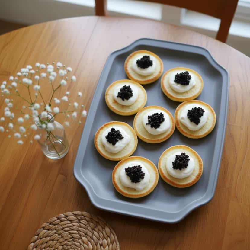 Foto deliciosa de Blinis com Creme de Limão e Caviar pronta para servir - Almoço & Jantar