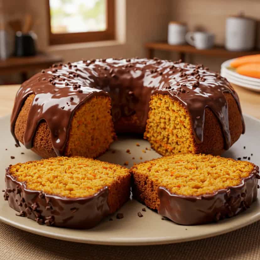 Foto deliciosa de Bolo de cenoura com calda de chocolate pronta para servir - Bolos & Cupcakes