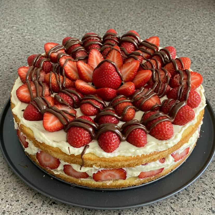 Foto deliciosa de Bolo de Morango com Calda de Chocolate pronta para servir - Bolos & Cupcakes