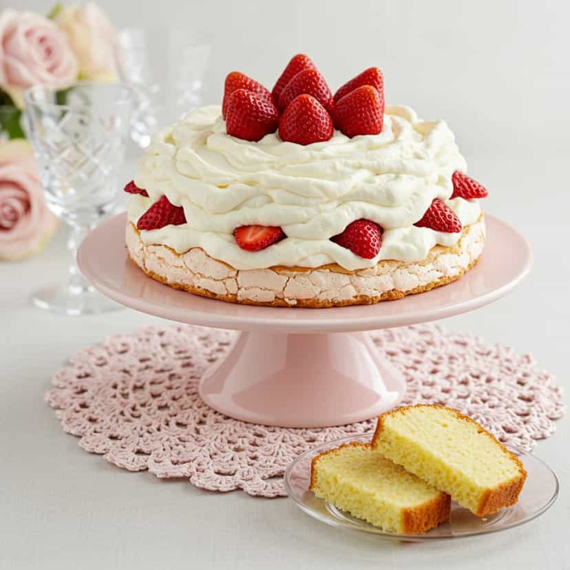 Foto deliciosa de Bolo de Morango com Creme Inglês pronta para servir - Bolos & Cupcakes