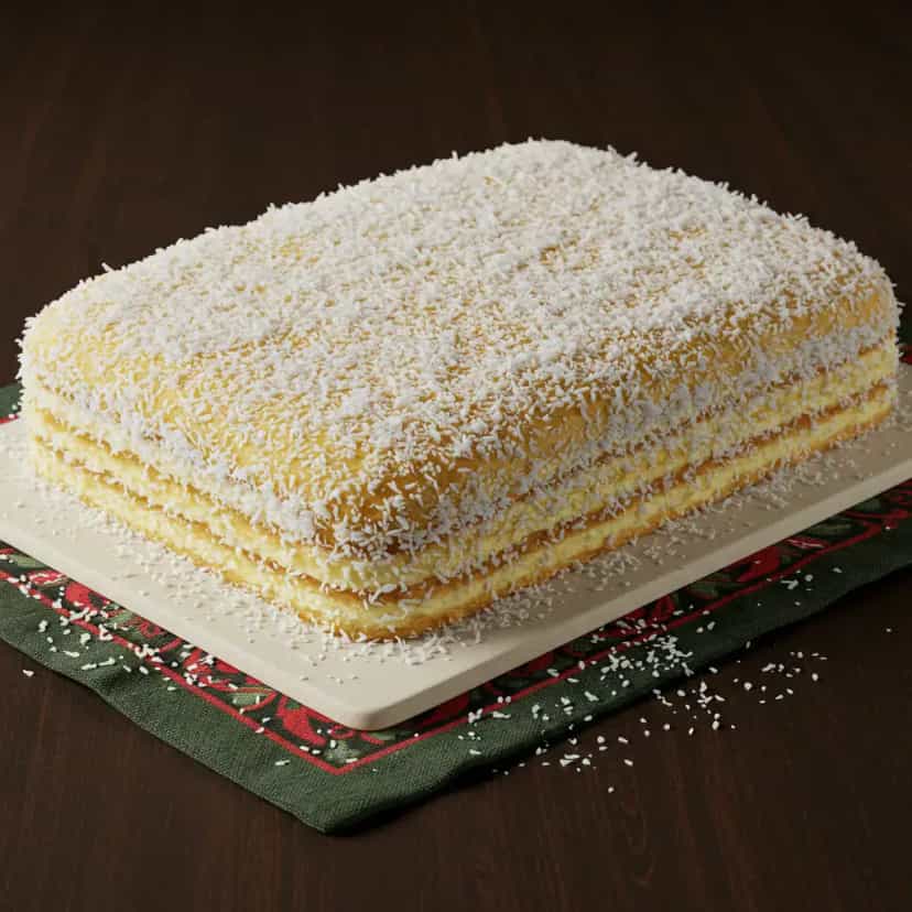 Foto deliciosa de Bolo de Pêssego com Cobertura de Coco pronta para servir - Bolos & Cupcakes