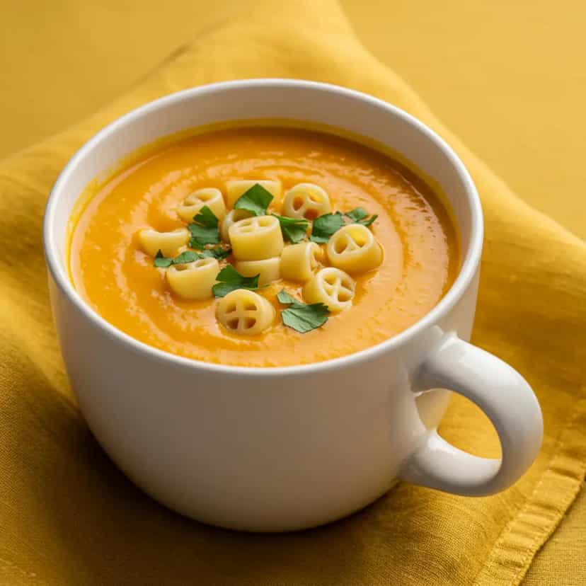 Foto deliciosa de Caldo Cremoso de Abóbora com Macarrão pronta para servir - Sopas & Caldos