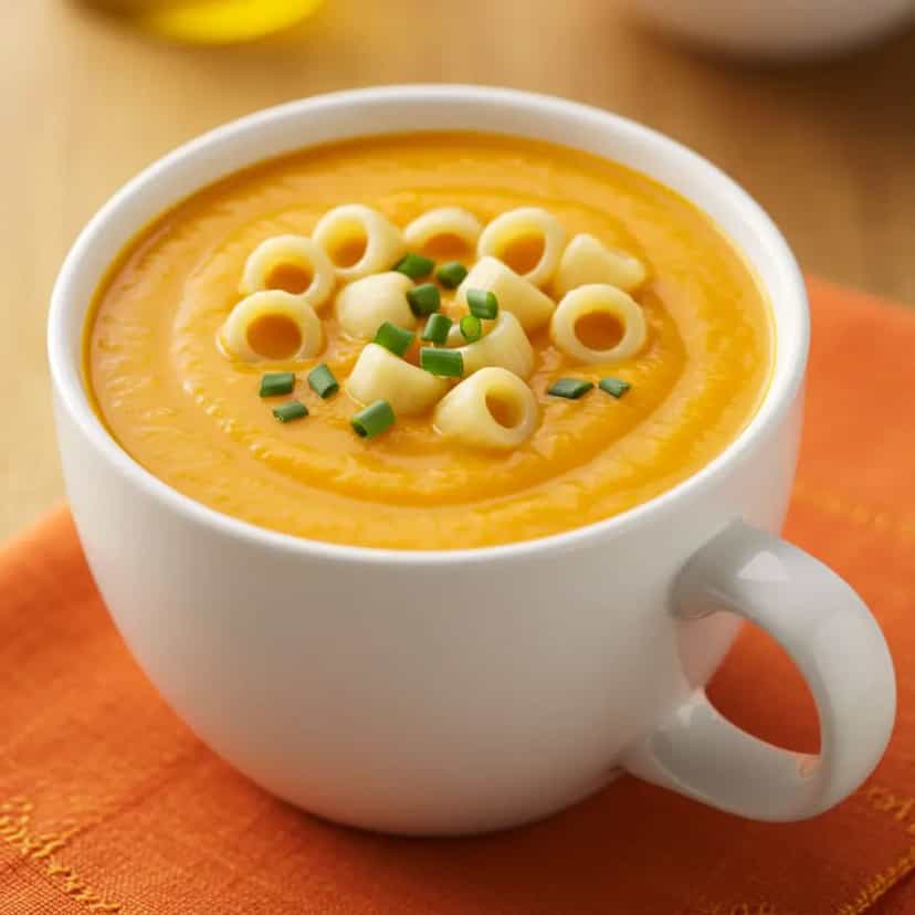 Foto deliciosa de Caldo Cremoso de Abóbora com Massinha pronta para servir - Sopas & Caldos