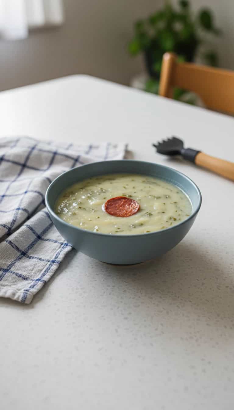Foto deliciosa de Caldo Cremoso de Batata com Calabresa pronta para servir - Sopas & Caldos
