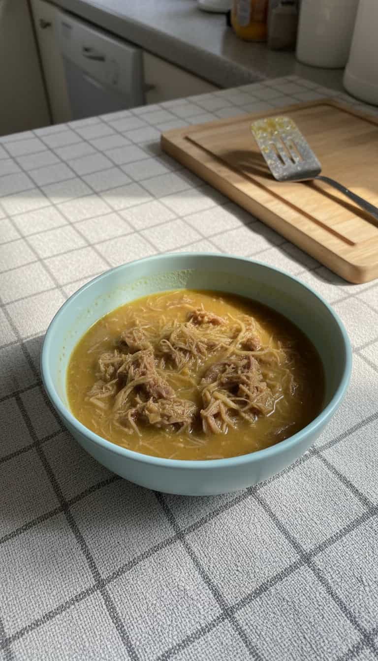 Foto deliciosa de Caldo de Mandioca com Carne Desfiada pronta para servir - Sopas & Caldos