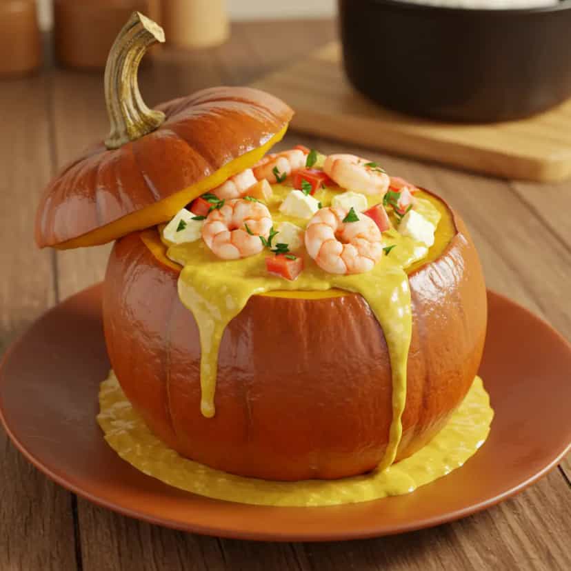 Foto deliciosa de Camarão na moranga com catupiry pronta para servir - Peixes & Frutos do Mar