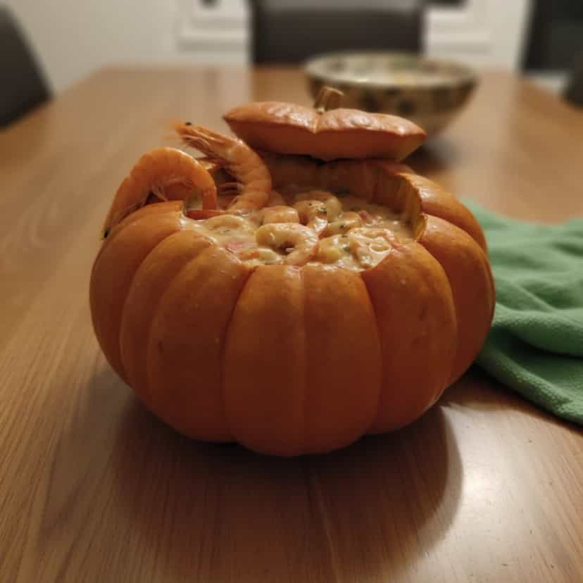Foto deliciosa de Camarões com Champignon em Moranga pronta para servir - Peixes & Frutos do Mar