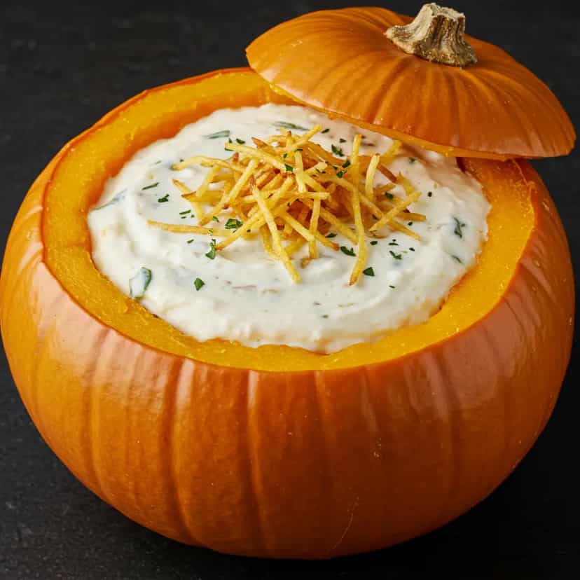 Foto deliciosa de Camarões na Moranga pronta para servir - Peixes & Frutos do Mar