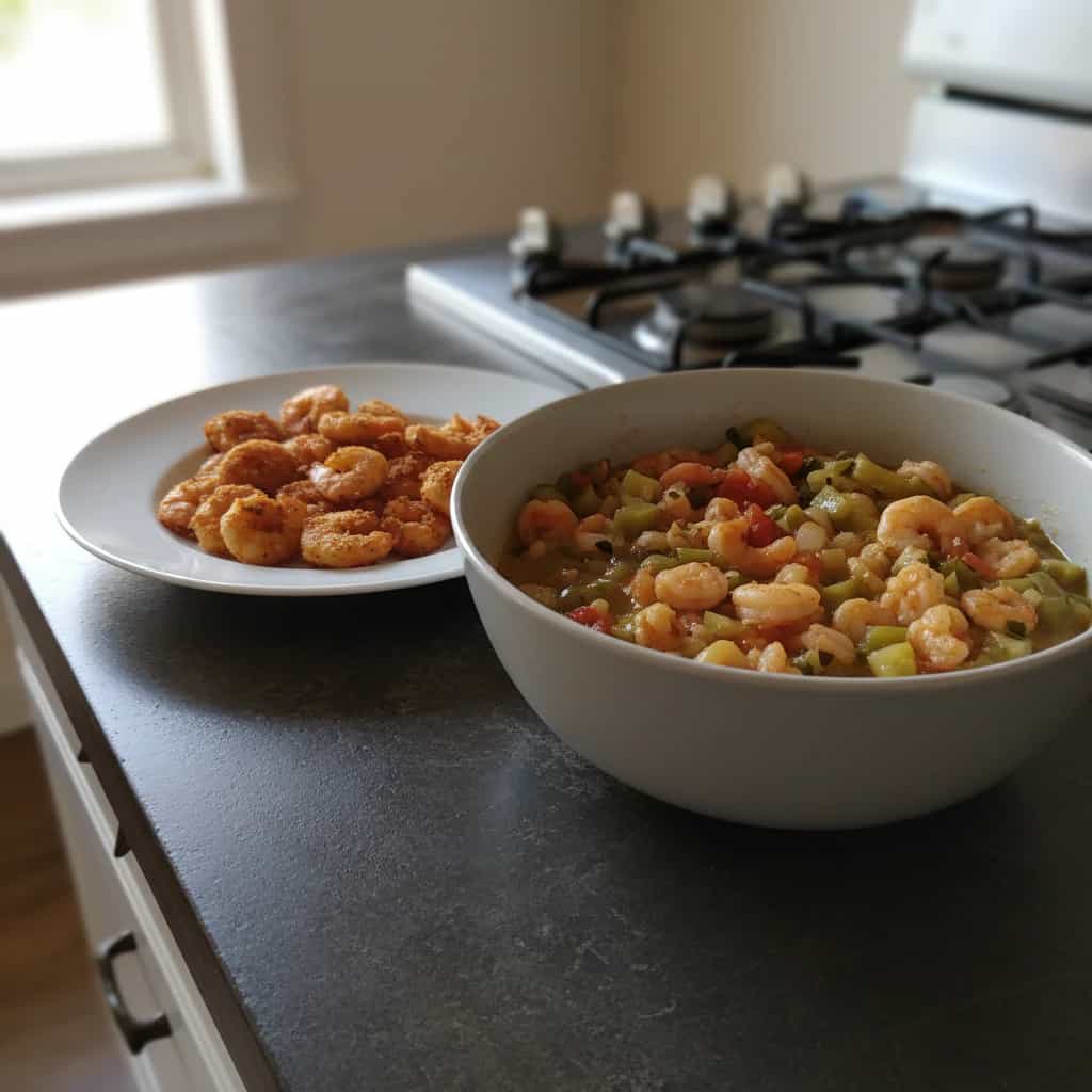 Camarões Salteados com Verduras