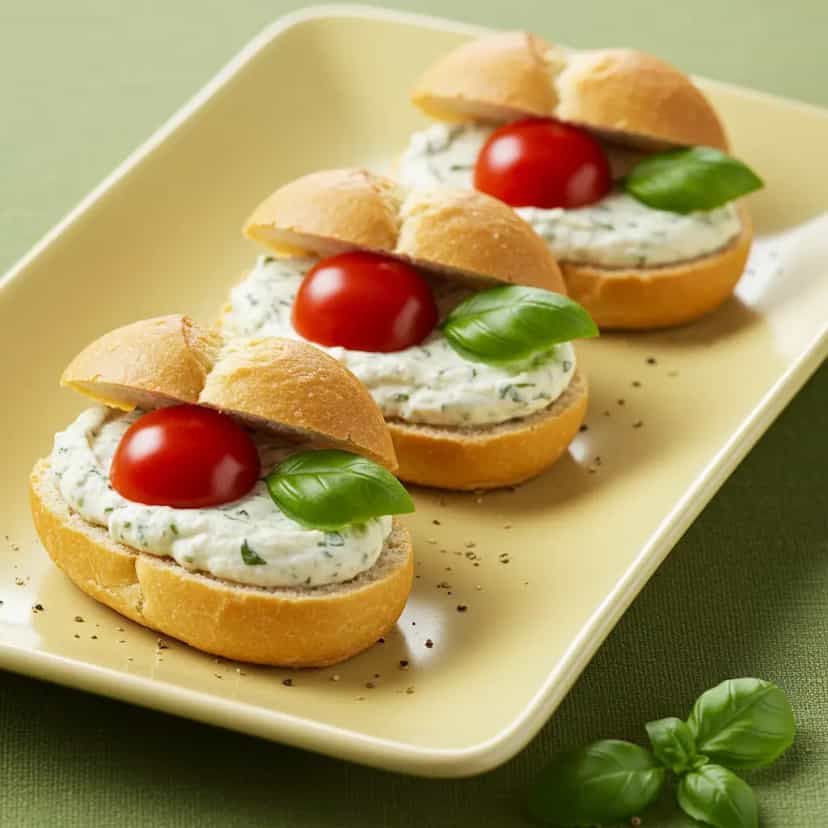 Foto deliciosa de Canapés Caprese de Bisnaguinha pronta para servir - Lanches de Padaria