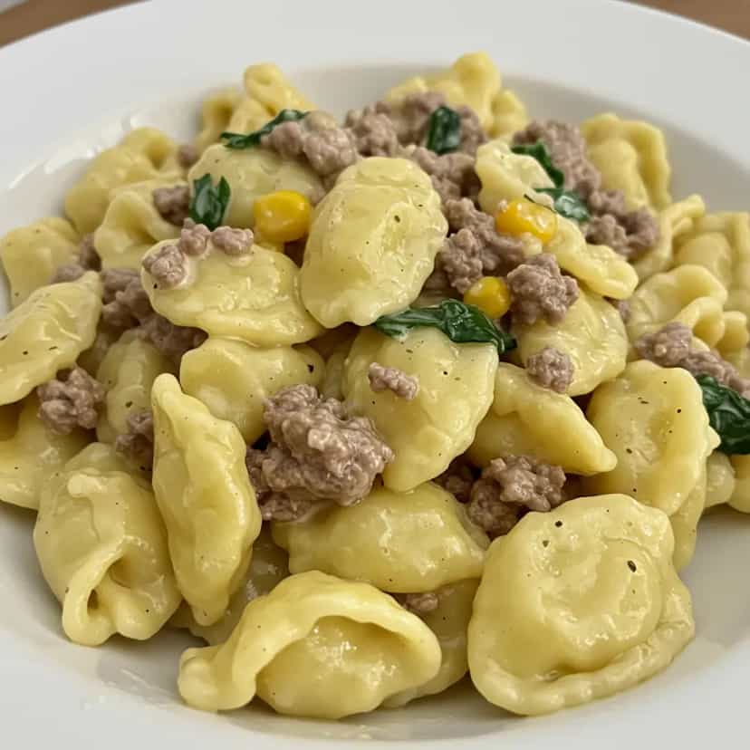 Foto deliciosa de Capeletti ao Molho de Carne e Rúcula pronta para servir - Massas & Macarrão