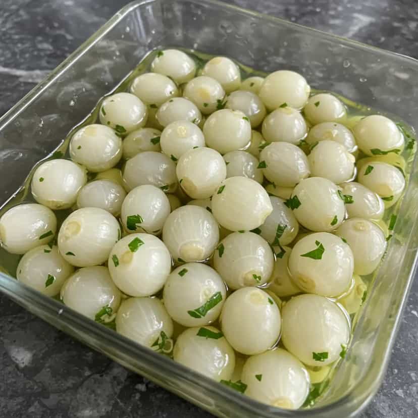 Foto deliciosa de Cebolinhas em Conserva Caseira pronta para servir - Salgadinhos