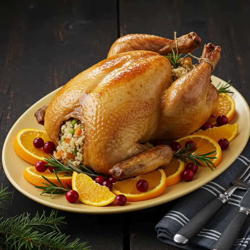 Foto deliciosa de Chester Assado com Molho de Laranja pronta para servir - Carnes & Frango