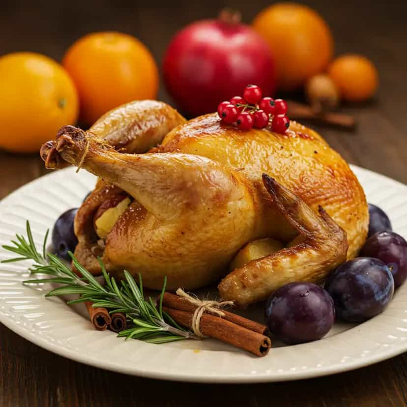 Foto deliciosa de Chester com Ameixas ao Molho de Vinho pronta para servir - Carnes & Frango