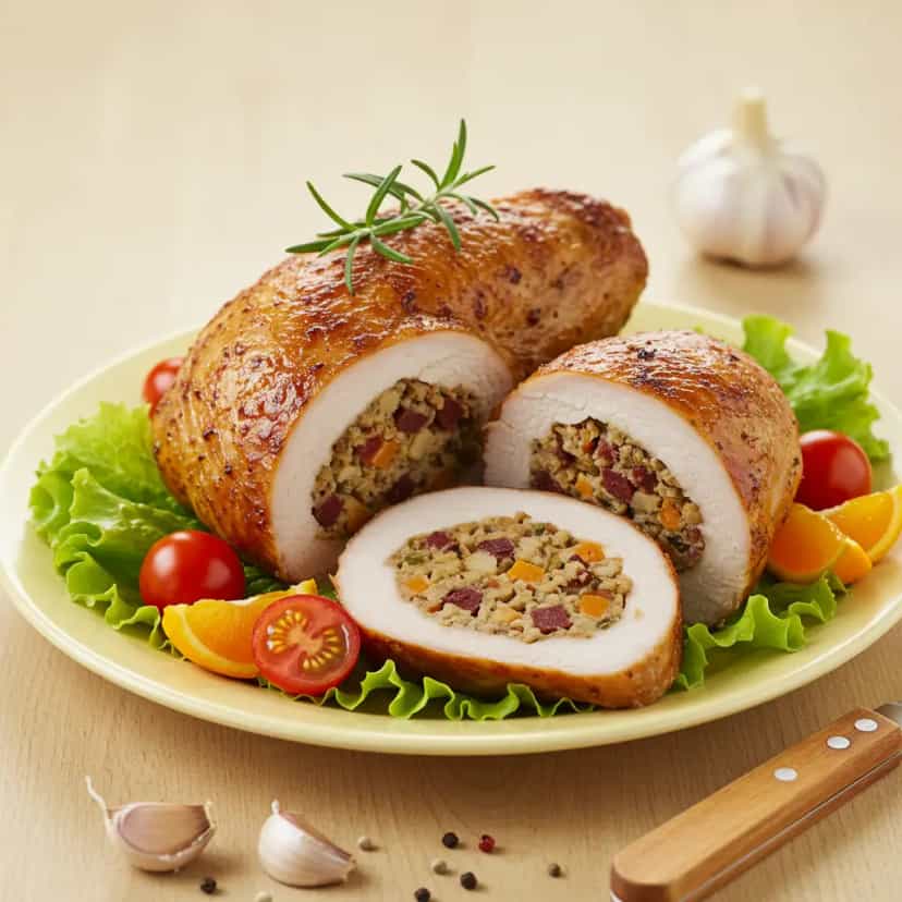 Foto deliciosa de Chester Recheado com Farofa Festiva pronta para servir - Carnes & Frango