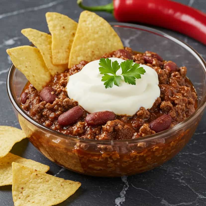 Foto deliciosa de Chili de Carne com Feijão Carioca pronta para servir - Pratos Brasileiros Icônicos