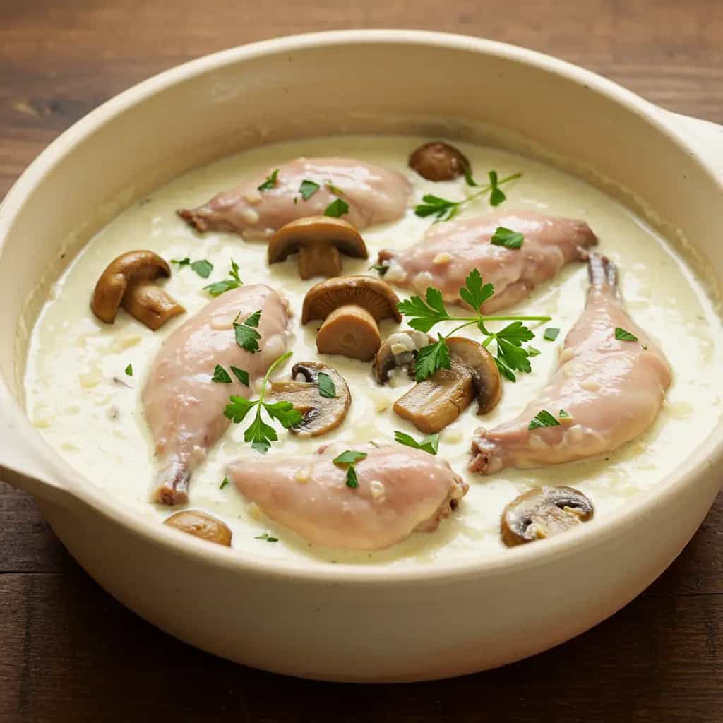 Coelho ao Molho Branco com Cogumelos